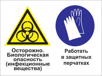 Кз 73осторожно - биологическая опасность (инфекционные вещества). работать в защитных перчатках. (пластик, 600х400 мм) - Знаки безопасности - Комбинированные знаки безопасности - ohrana.inoy.org